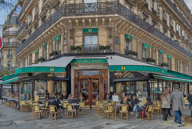 The outside of the café Les Deux Magots on boulevard Saint-Germain.
