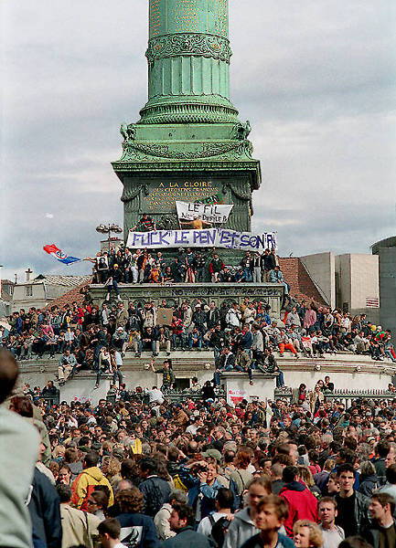 Protestors demonstrating against the Front National in place de la Bastille, May First 2002.