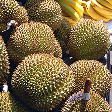 Des fruits durian devant un marché asiatique sur le boulevard de la Villette.