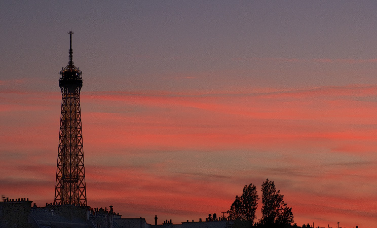 The Eiffel Tower at sunset.