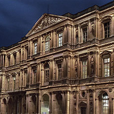 The Louvre Museum’s pavillon des Arts at night.