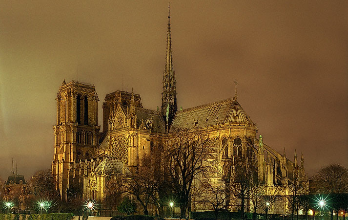 The south side of Notre-Dame at sunset.