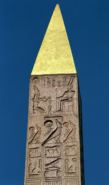 The golden pyramid at the top of the Luxor Obelisk.