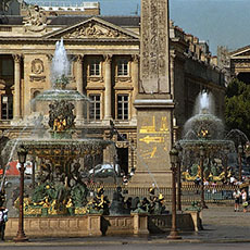 Place de la Concorde, its fountains and obelisk, l’Hôtel de Coislin and l’église de la Madeleine.
