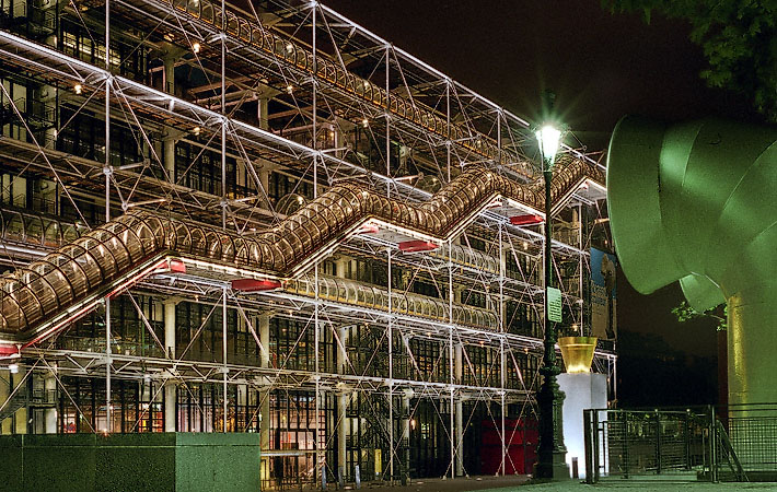 The western side of the Pompidou Center at night.