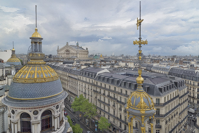 The Opéra Garnier and the skyline of Paris seen from the top of the Printemps department store on boulevard Haussmann.