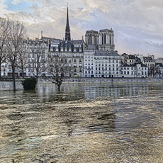 Île de la Cité seen from the Right Bank during the floods of the River Seine in January 2018.