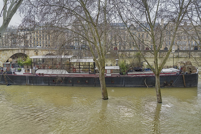 A restaurant boat put out of business by the River Seine floods of January 2018