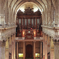 The organ pipes at the far end of the nave at Saint-Sulpice Church.