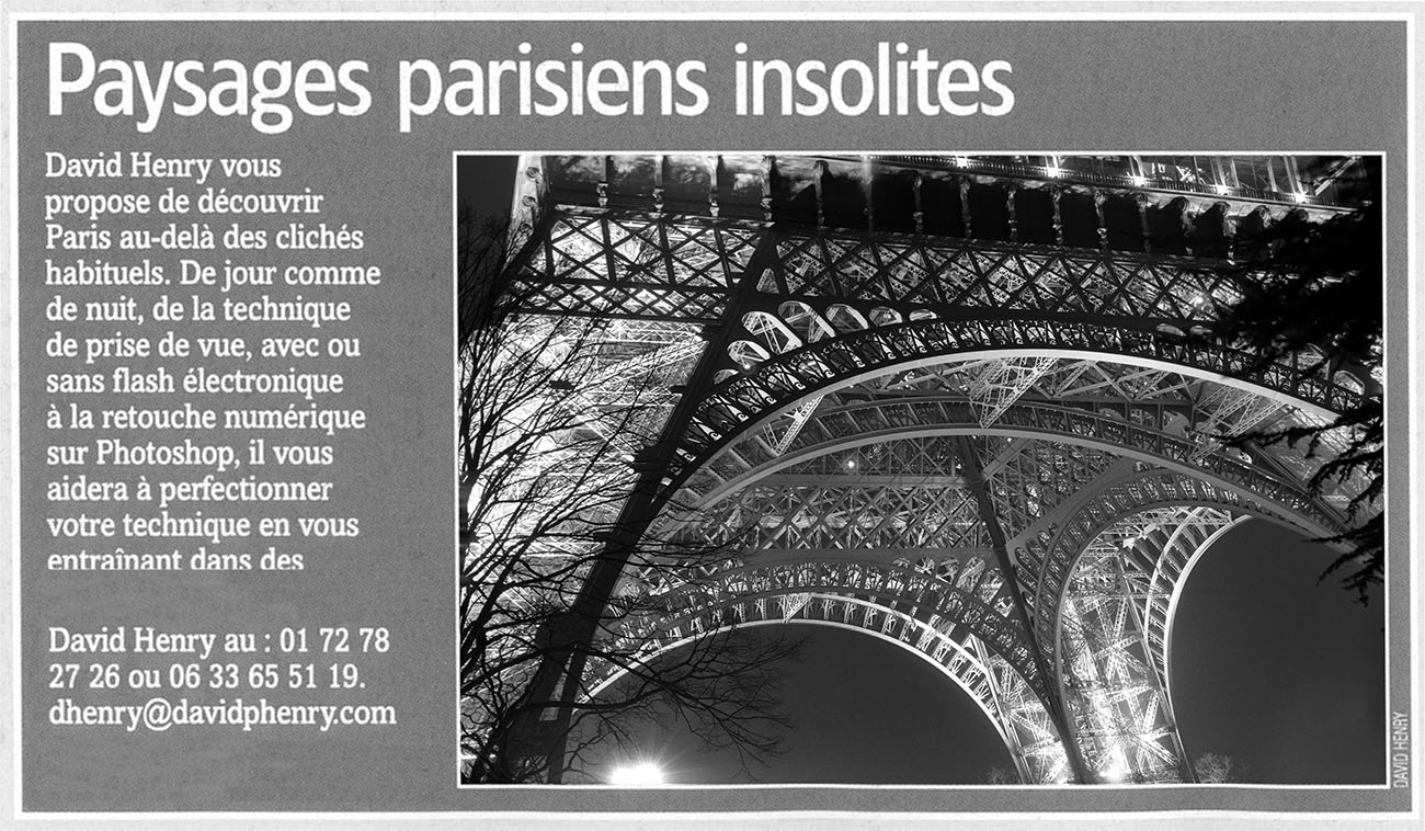 An announcement for photography workshops in Paris, printed in the magazine Réponses Photo.