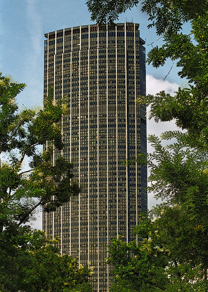 The east side of tour Montparnasse surrounded by trees.