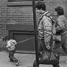 A young couple with their daughter on a leash.