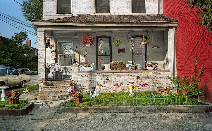Flowers and lawn ornaments in front of a house in Lexington, Kentucky.