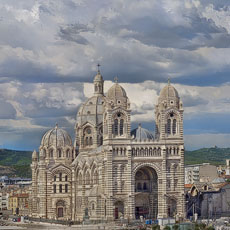 The main façade of Marseille Cathedral, seen from the Palais du Pharo.