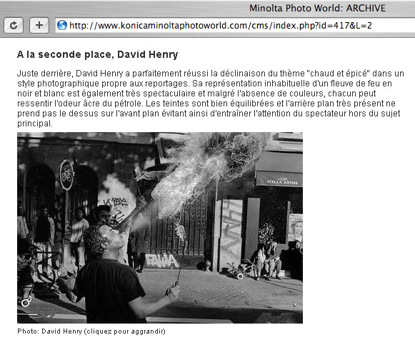 A screen capture of a web page showing that a photographer has won a photo contest.