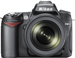 The Nikon D90, a mid-range DSLR released in 2008.