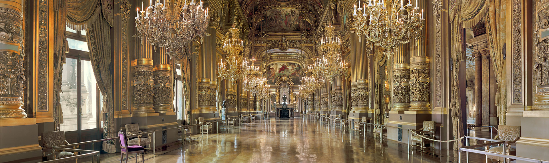 A panorama of the Grand Foyer inside the Opéra Garnier in Paris.