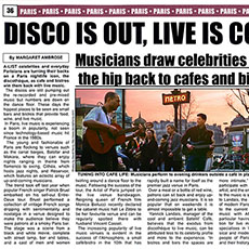 Tuning into café life: Musicians perform to evening driners outside a café in place de la Bastille, published on page 36 in The Connexion, November 2003.