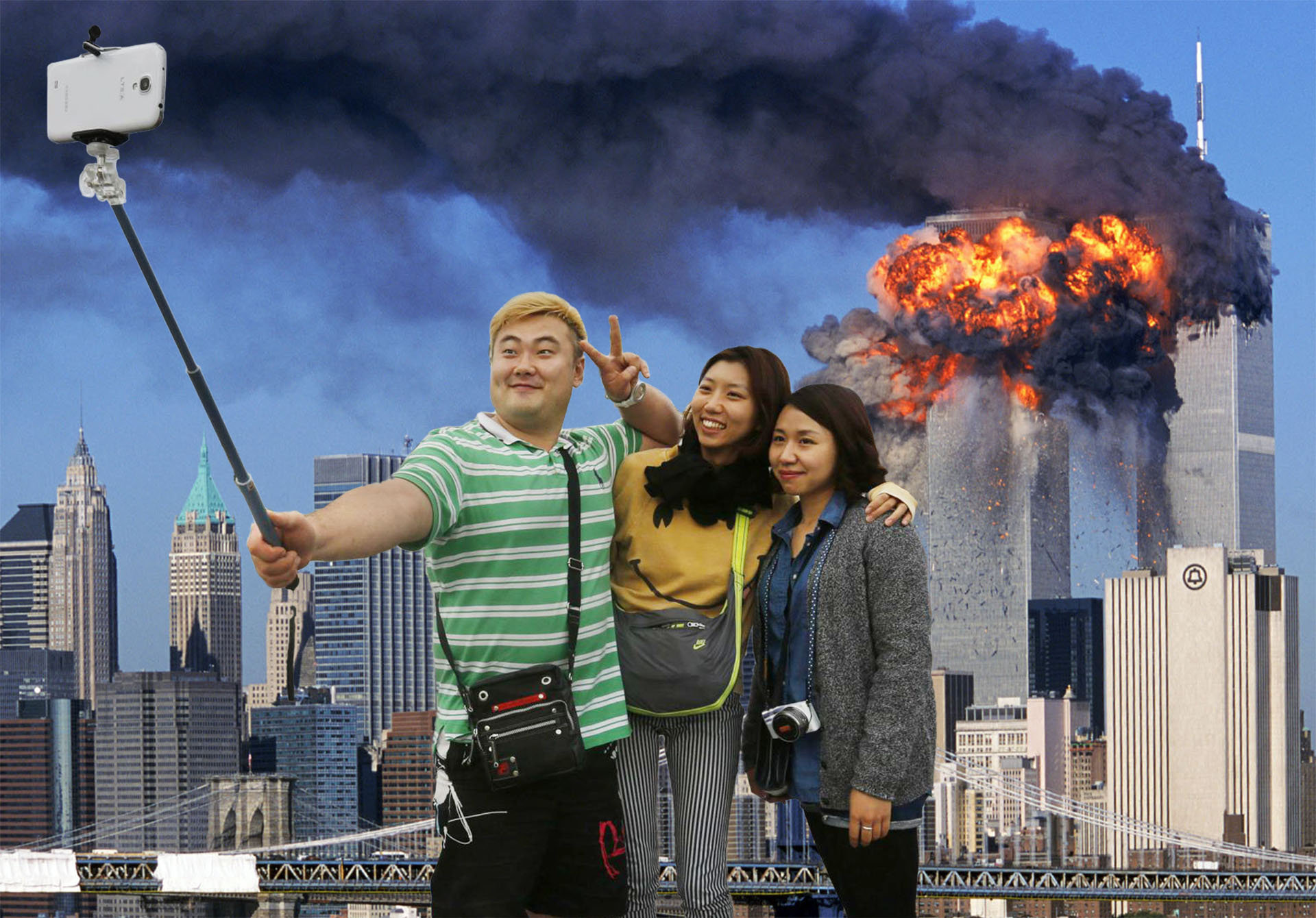 A montage of three people taking a selfie, pasted on to a picture of the Twin Towers on fire on September 11th 2001.