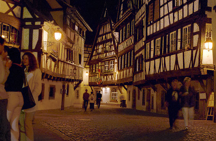 Late-night ambiance in Strasbourg’ Petite France neighborhood.