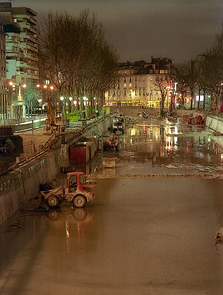 Bassin des Récollets in canal Saint-Martin emptied for renovations at night.