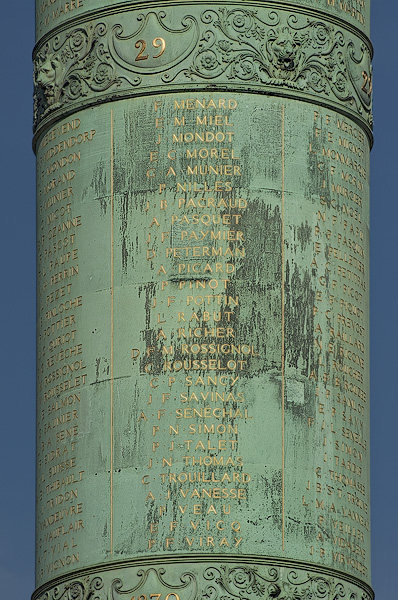 Names of people who died in the 1830 revolution engraved on the Column of July in place de la Bastille.