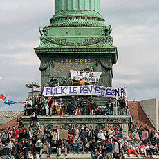 Thousands of protestors demonstrating against the Front National in place de la Bastille, May First 2002.