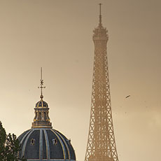 L’Institut de France and the Eiffel Tower at sunset.