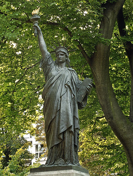 A bronze scale model of the Statue of Liberty in the Luxembourg Gardens.