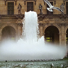 A seagull flying above a fountain in the Louvre Museum.