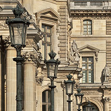 Street lights in the Louvre Museum’s cour Napoléon.