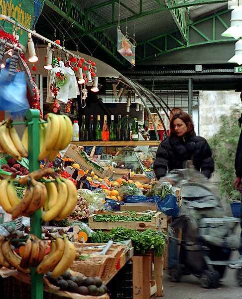 Fruit and vegetable stands in the Marché des Enfants Rouges.