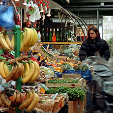 Fruit and vegetable stands in the Marché des Enfants Rouges.