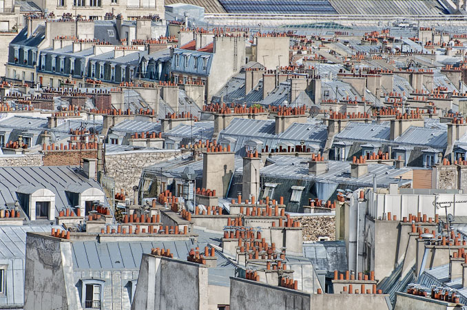 A view over rooftops in Paris seen from Montmartre.
