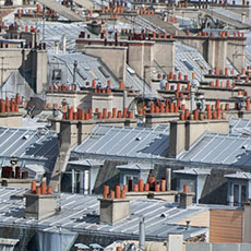 A view over rooftops in Paris seen from Montmartre.