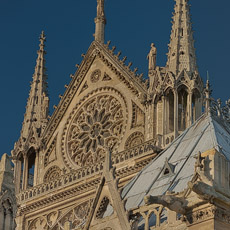 The rose window and spire on Notre-Dame’s southern facade