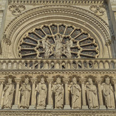 The Gallery of Kings and the rose window on the main façade of Notre-Dame Cathedral.