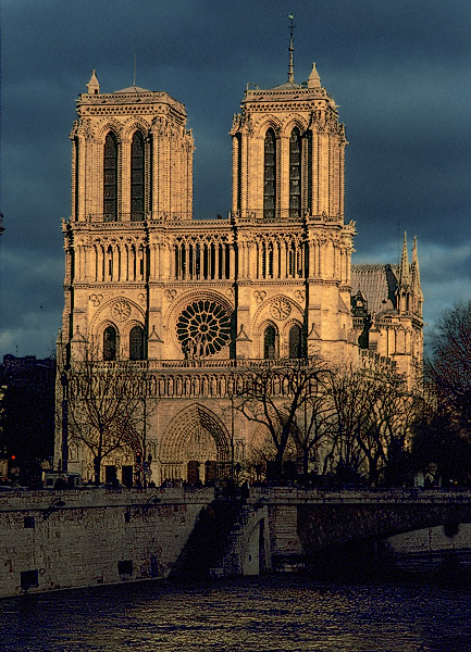 The main façade of Notre-Dame seen from the Left Bank.