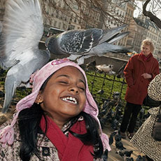 Des gens en train de donner à manger aux pigeons devant Notre-Dame.