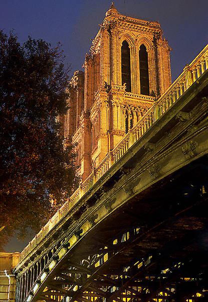 The southern façade of Notre-Dame seen from the Left Bank at night.