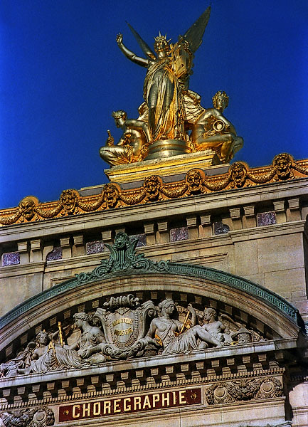 The top portion of the western side of l’Opéra Garnier’s main façade.