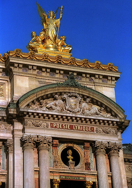 The top portion of the eastern side of l’Opéra Garnier’s main façade.