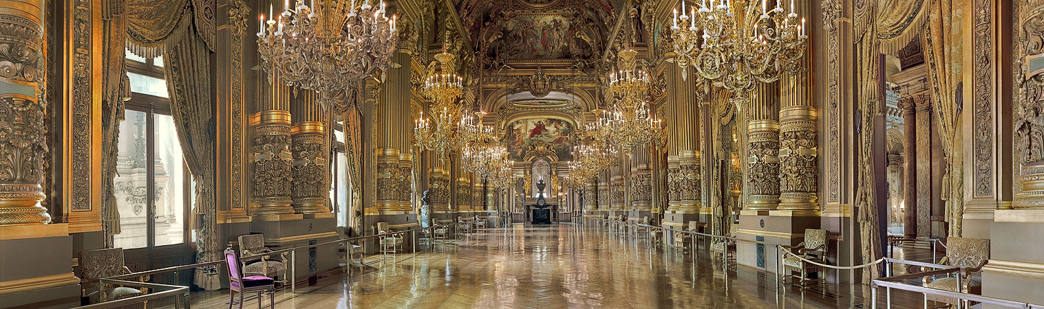 A panorama of the Grand Foyer inside the Garnier Opera House.