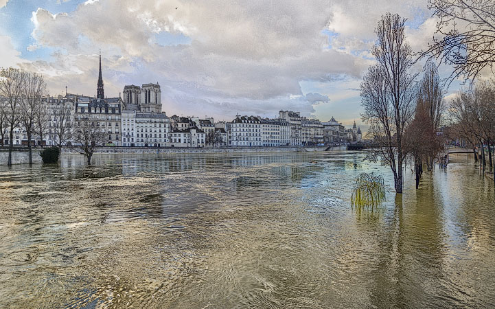 Île de la Cité seen from the Right Bank during the floodsin of the River Seine in January 2018.