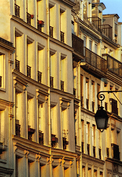 Buildings on rue François Miron at sunset.