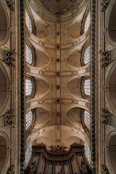 The organ and ceiling inside Saint-Sulpice Church.