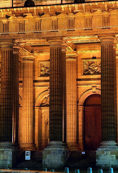 Saint-Sulpice Church’s main façade at night.