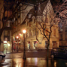 Hôtel Hérouet on rue Vieille-du-Temple at night.