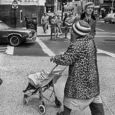 Two women in leopard skin coats in Boston’s Financial District.