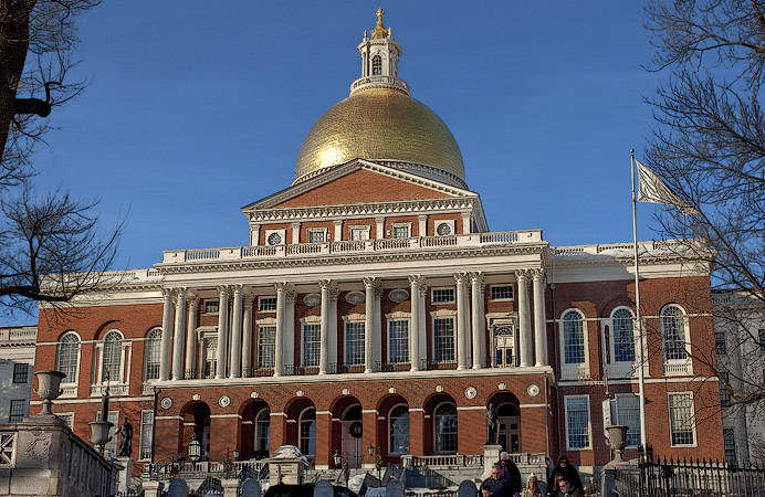 The capitol of the Commonwealth of Massachusetts on Beacon Hill in the winter.